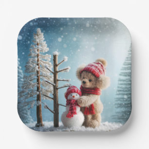 Winter Teddy Bear and Snowman Paper Plate