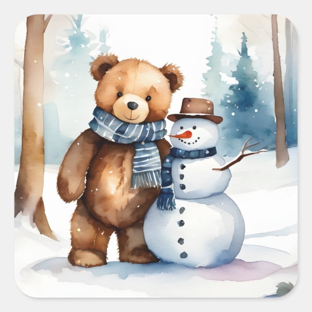 Winter Teddy Bear And Snowman Square Sticker (Front)