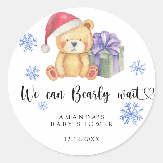 Winter teddy bear Baby Shower Classic Round Sticker (Front)