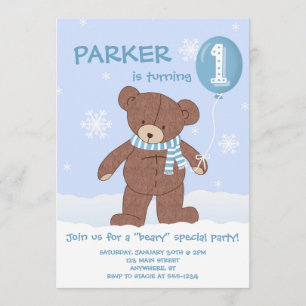 Winter Teddy Bear Balloon 1st Birthday Invitation