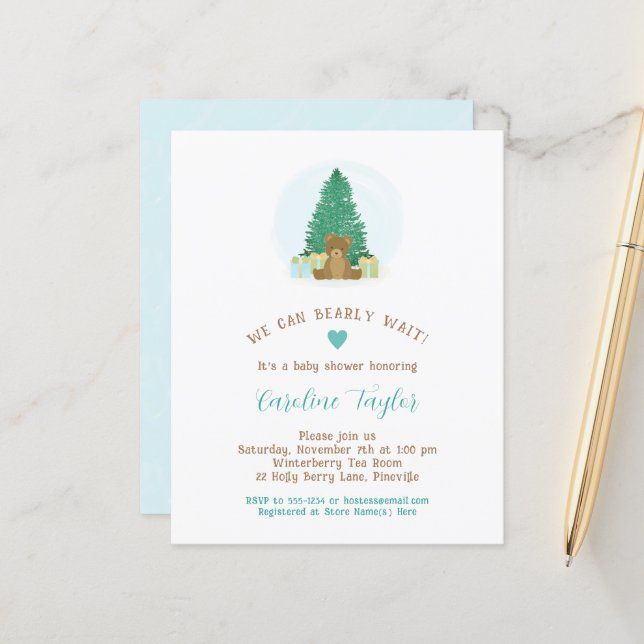 Winter Teddy Bear Boy Baby Shower Invite (Front/Back In Situ)