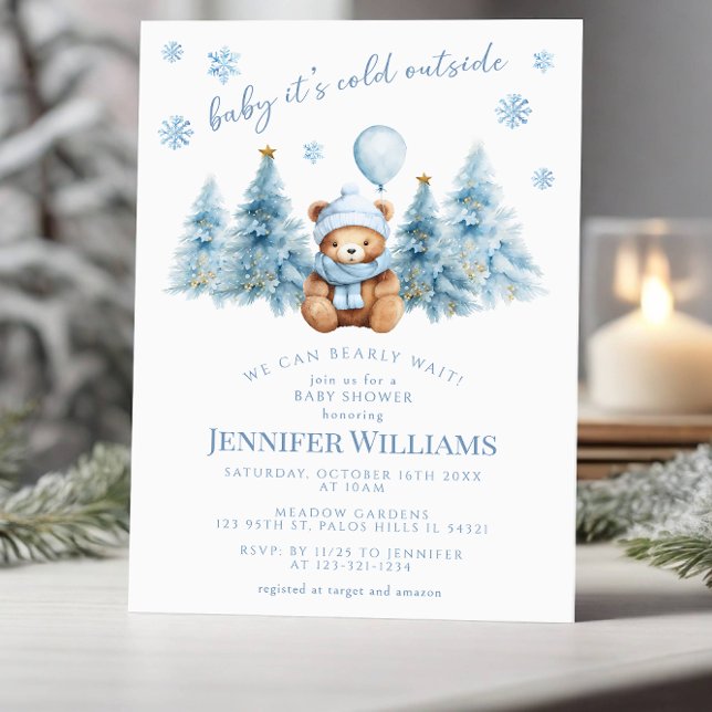 Winter Teddy Bear Pine Trees Baby Boy Shower Invitation (Creator Uploaded)