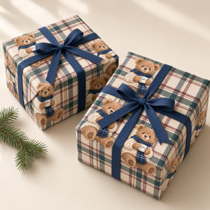 Winter Teddy Bear Plaid Ski Lodge Wrapping Paper