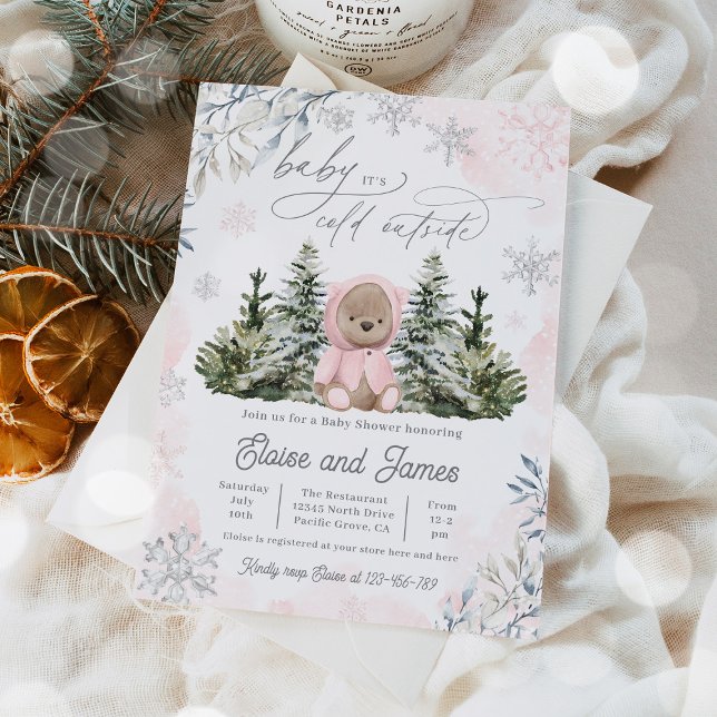 Winter Teddy Bear Snowflakes Pink Girl Baby Shower Invitation (Creator Uploaded)