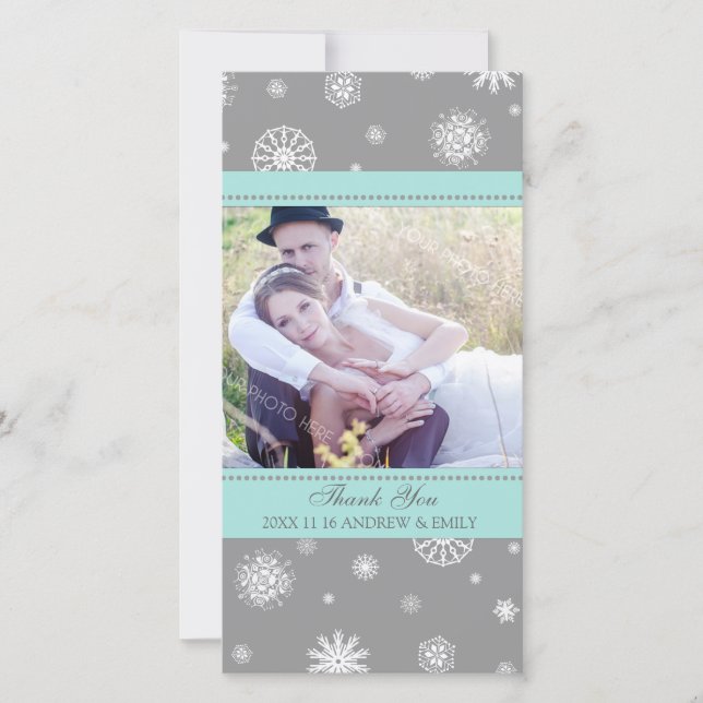 Winter Thank You Wedding Photo Card Grey Blue (Front)