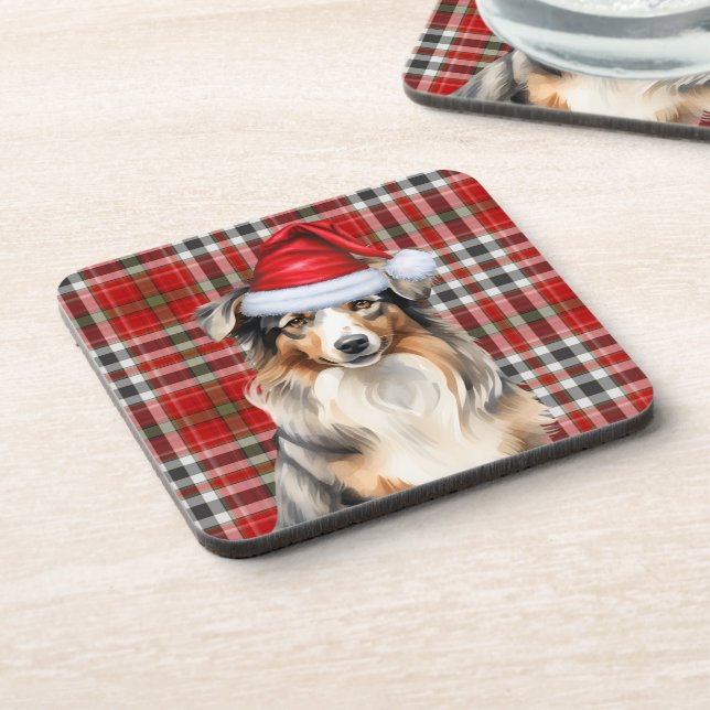 Winter Theme Australian Shepherd Dog Red Plaid Coaster (Left Side)