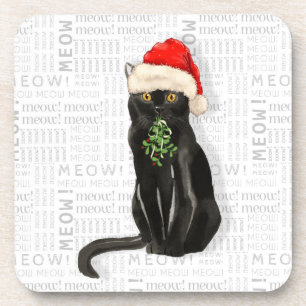 Winter Theme Black Bombay Cat Meow Word Art Coaster