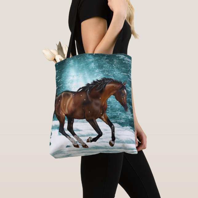 Winter Theme Galloping Arabian Horse Tote Bag (Close Up)