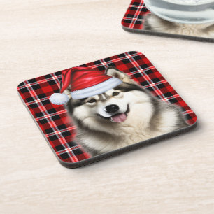 Winter Themed Alaskan Malamute Holiday Plaid Coaster