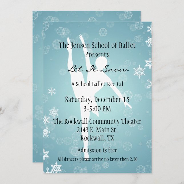 Winter Themed Ballet Dance Recital Invitation (Front/Back)