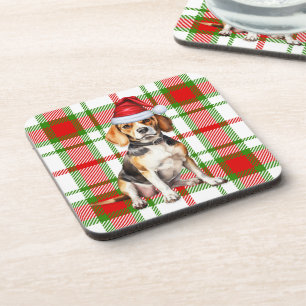 Winter Themed Beagle Red Green Plaid Holiday Coaster