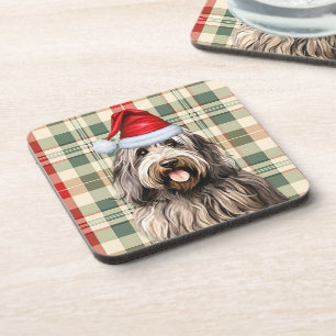 Winter Themed Bergamasco Dog Holiday Plaid Coaster