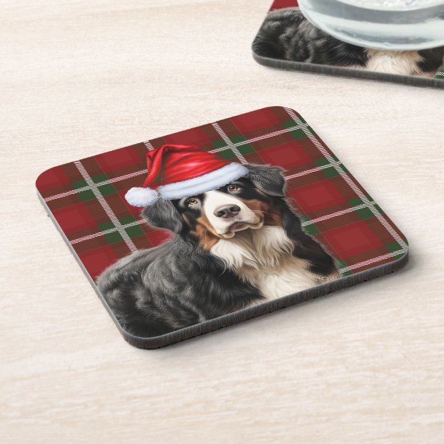 Winter Themed Bernese Mountain Dog Holiday Plaid Coaster (Left Side)