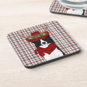 Winter Themed Border Collie Western Plaid Holiday Coaster