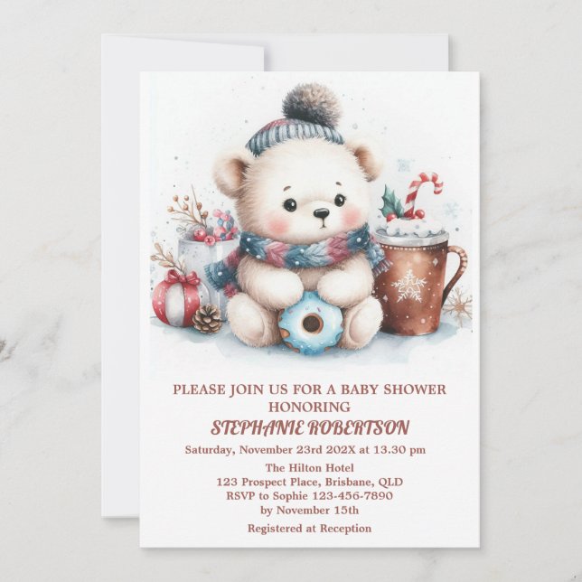 Winter themed cute bear toy coffee watercolor art invitation (Front)