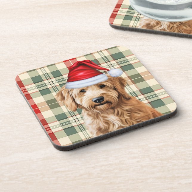 Winter Themed Goldendoodle Dog Holiday Plaid Coaster (Left Side)