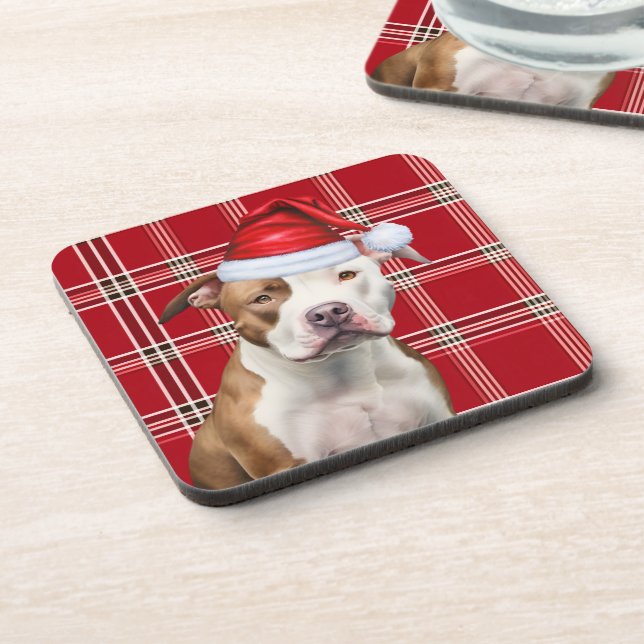 Winter Themed Staffordshire Dog Red Holiday Plaid Coaster (Left Side)