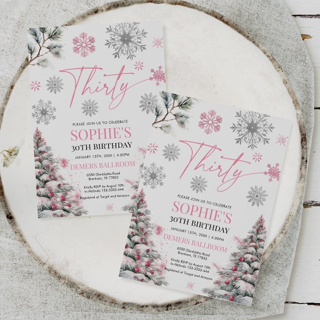 Winter Thirty Birthday Invitation, Pink and Silver Invitation (Creator Uploaded)