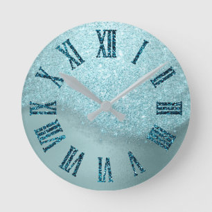 Winter TimeTiffany Aqua Teal Glitter Roman Numbers Round Clock