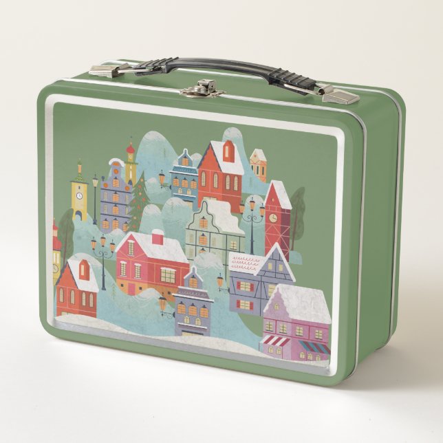 Winter Town Christmas Metal Lunch Box (Front)