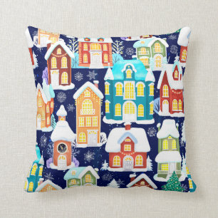 Winter town with victorian houses. Christmas theme Cushion
