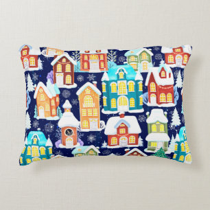 Winter town with victorian houses. Christmas theme Decorative Cushion