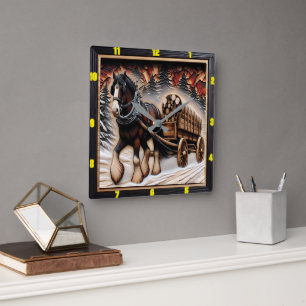 Winter Trail Personalised Charred Grain Clydesdale Square Wall Clock