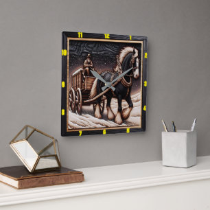 Winter Trail: Personalised Charred Wood Clydesdale Square Wall Clock