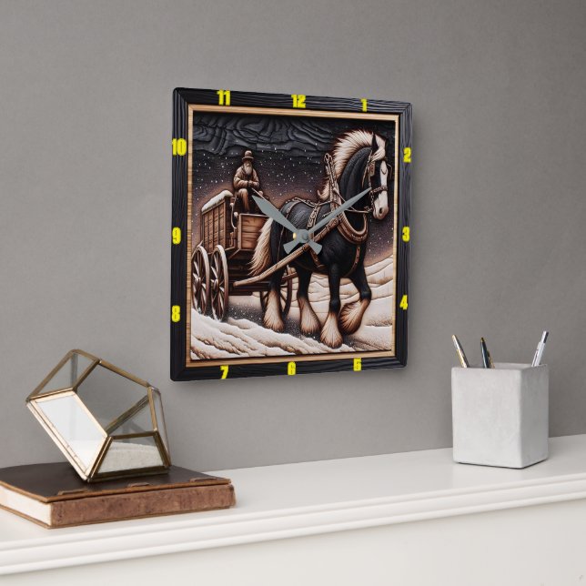 Winter Trail: Personalised Charred Wood Clydesdale Square Wall Clock (Office)