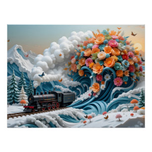 Winter Train Papercraft Scene Poster