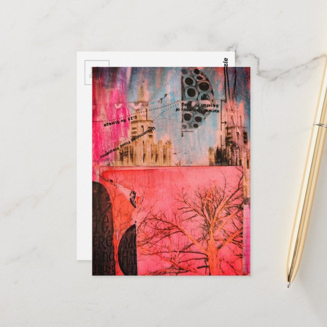 Winter Tree and Buildings Mixed Media Collage Postcard (Front/Back In Situ)