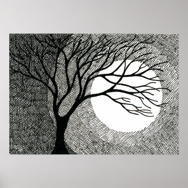 Winter Tree and Moon in Black and White Poster (Front)
