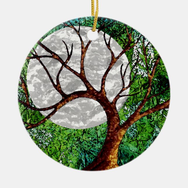 Winter Tree and Moon on Green Ornament (Front)