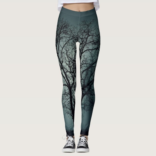 Winter Tree Leggings Dark Teal with Black Tree (Front)