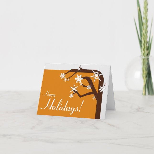 Winter Tree Orange Snowflake Holiday Card (Front)