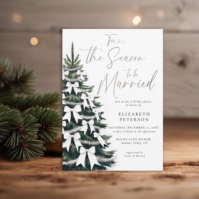Winter Tree White Bows Tinsel Chic Bridal Shower Invitation (winter bridal shower invitation christmas pine tree coquette white bows tinsel watercolor cozy chic)