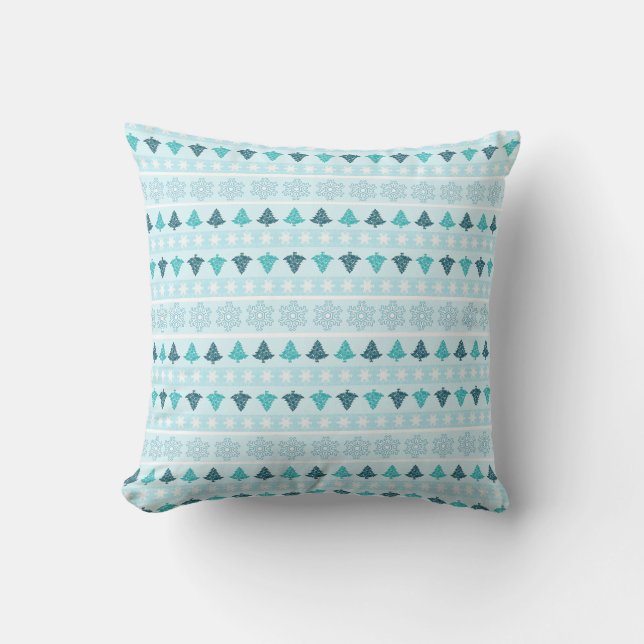 Winter Trees and Snowflake Pattern Blue Cushion (Front)