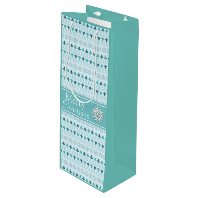 Winter Trees and Snowflakes Pattern Blue Wine Gift Bag (Front Angled)