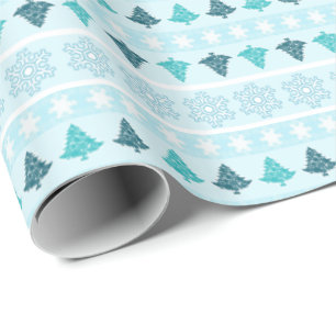Winter Trees and Snowflakes Pattern Blue Wrapping Paper