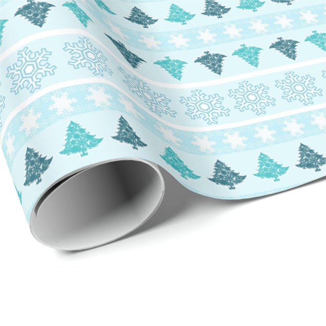 Winter Trees and Snowflakes Pattern Blue Wrapping Paper (Roll Corner)