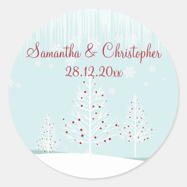 Winter Trees and Snowflakes Wedding Classic Round Sticker (Front)