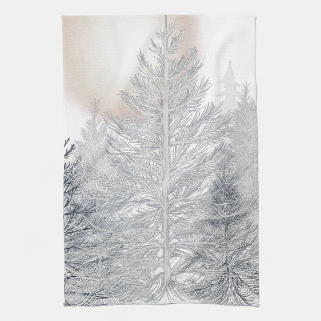 Winter Trees and Sun, Frosty Black and White Tea Towel (Vertical)