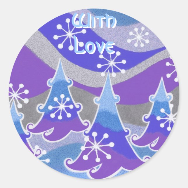 Winter Trees blue 'With Love' round sticker (Front)