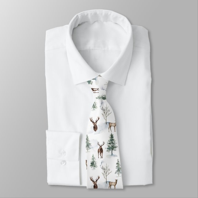 Winter trees & Christmas deer & snow pattern Tie (Tied)