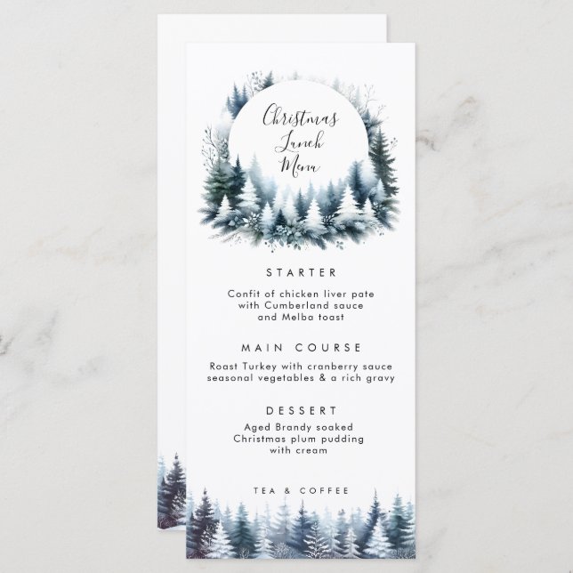 winter trees christmas lunch menu cards (Front/Back)