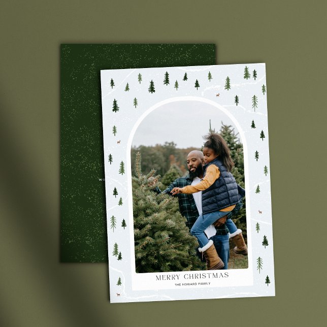 Winter Trees Cute Merry Christmas 1 photo arch Holiday Card (Winter woods Arch photo holiday card shown with dark green backfile on a light green background 
)
