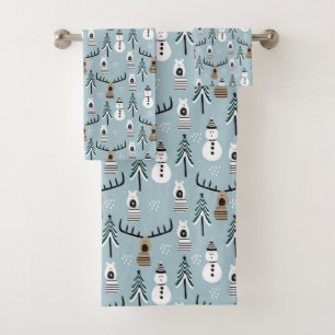 Winter Trees, Deers, Bears and Snowmen Bath Towel Set
