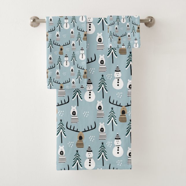 Winter Trees, Deers, Bears and Snowmen Bath Towel Set (Insitu)