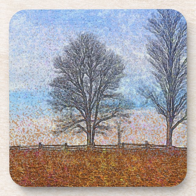 Winter Trees & Farm Fences Pasture Art Coaster (Front)