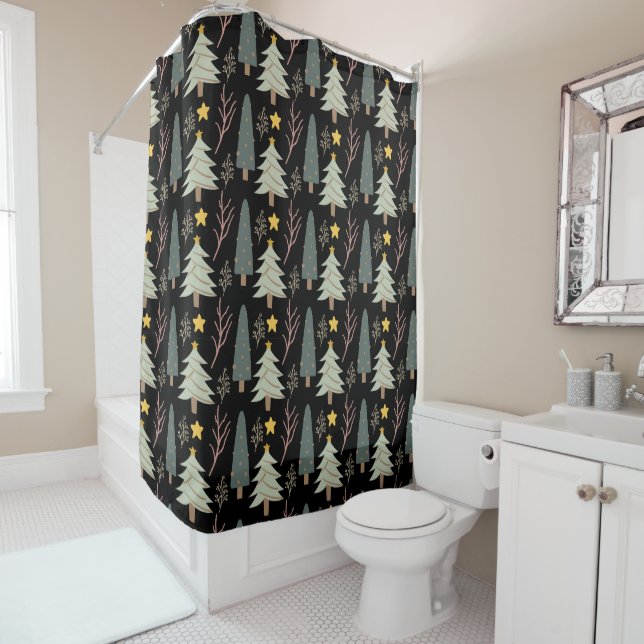 Winter Trees Forest Modern Christmas Pattern Woods Shower Curtain (In Situ)